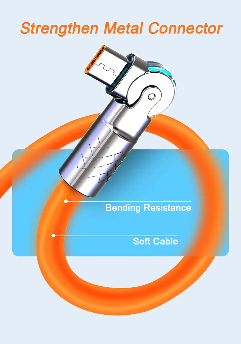 Veggieg High Quality 180 Degree Rotation USB Type C Cable 6A Fast Charge For Huawei Samsung USB-C Wire Quick Charging Usb Cable