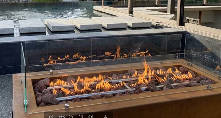 Large square Corten steel metal outdoor gas fire pit