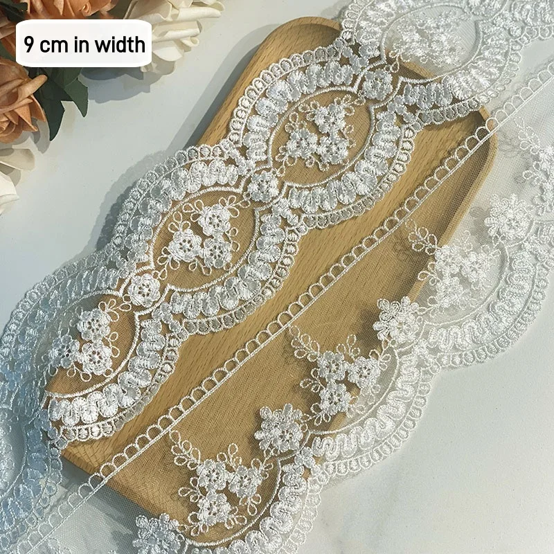 wholesale custom elegant white embroidery lace trim 9cm polyester double edge mesh lace ribbon for clothes wedding decoration