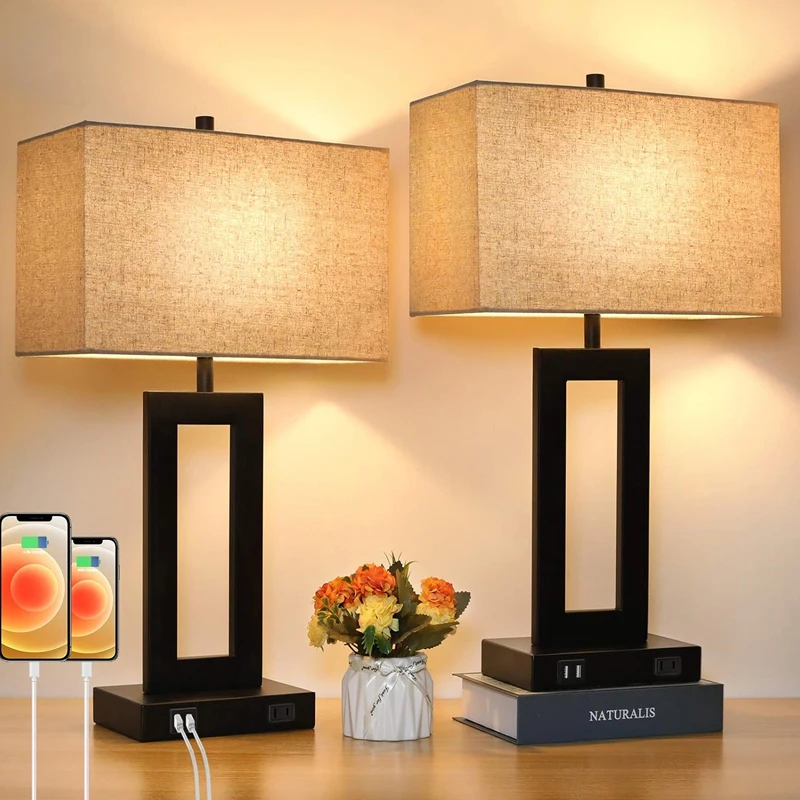 2 USB Ports 3-Way Dimmable Modern Bedside Table Lamp Set Cream Fabric Lampshade Touch Desk Lamp Bedroom Living Room Reading