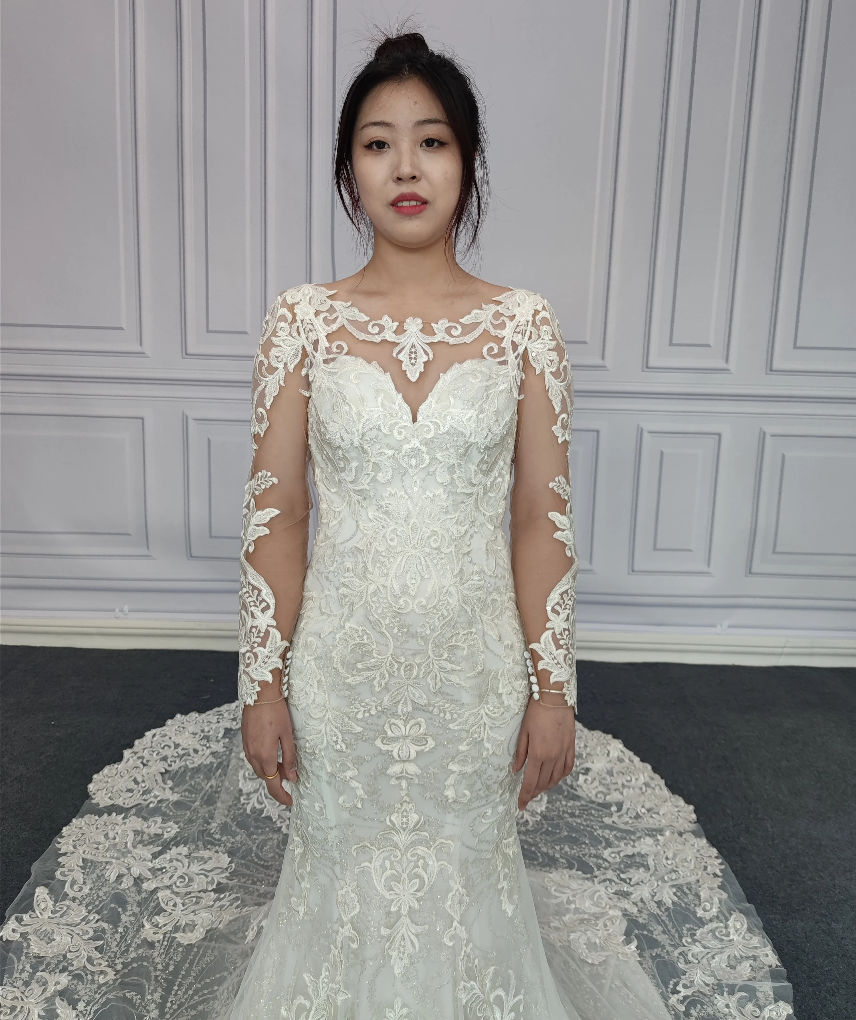 Long Sleeve Lace Mermaid Wedding Dress 2023 China Guangzhou Plus Size for Women 1 Piece 100% Polyester Modern Illusion Ivory