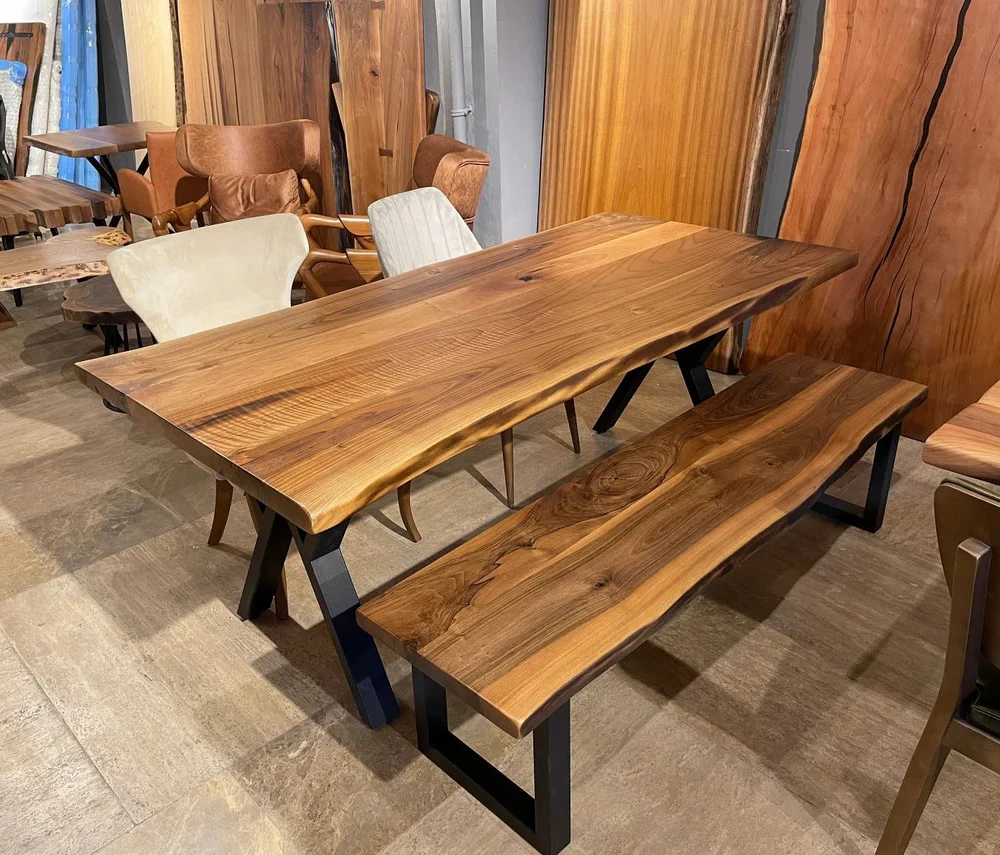 Defaico Custom Handcrafted Walnut Live Edge Wood Slab Table Industrial Restaurant Solid Wood Dining Table