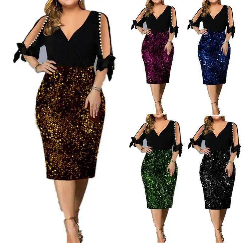New Fashion Europe And American V-neck Personality Sequin Design Sexy Bodycon Party Dress Women Half Sleeve Plus Size Dresses