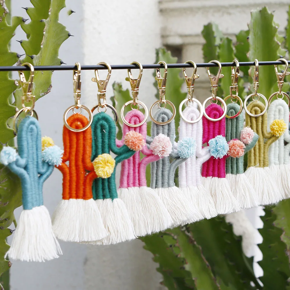 Creativity Cactus Woven Rope Keychain for Pendant Tassel Bag Charm Car Keyring Boho Rainbow Macrame Keychain