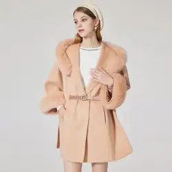 Custom Wool Fleece Oversize Belt Style Cashmere Wool Coat Detachable Fox Fur Collar Wool Coat Women Winter Women Coat with Fur