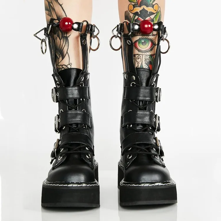 
LM5043 winter buckle with metal decorative fashion boots female leather back zipper rivet platform boots 