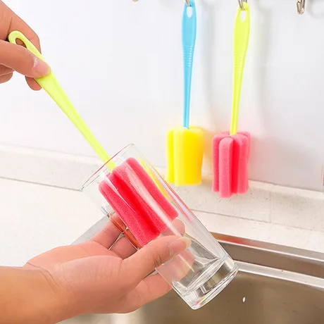 2023 Popular 1Pcs Long Handle Glass Cleaning Brush Bottle Tea Cup Sponge Cleaner Kitchen Tool Sponge Brush Random Color