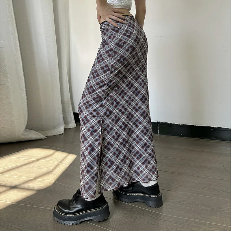 GIMILY oem custom American style college style fashionable plaid split skirt Sexy and versatile mid length diamond plaid skirt