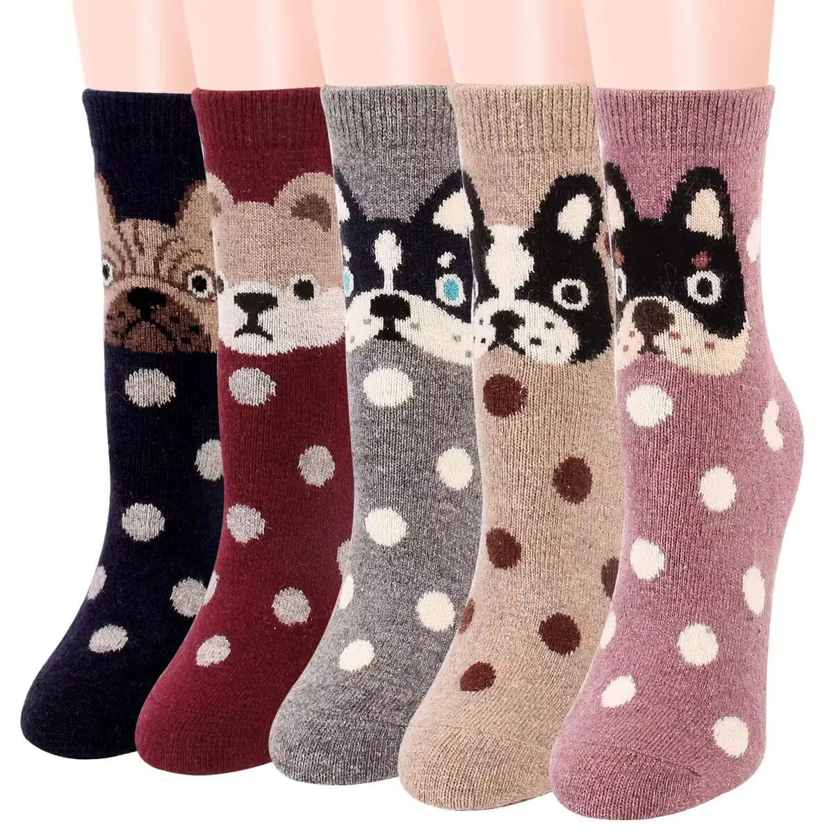 Good Quality Winter Thicken Fluffy Warm Wool Stockings Cute Dots Cartoon Dog Soft Warm Women Wool Tube Socks