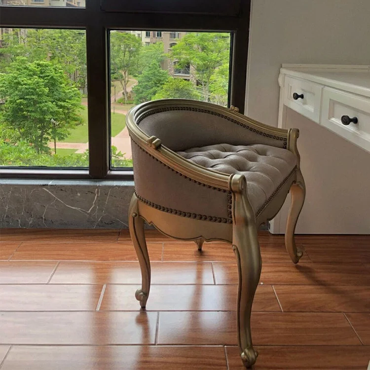 French high-end solid wood hand-carved dressing stool bedroom princess low-back dressing stool