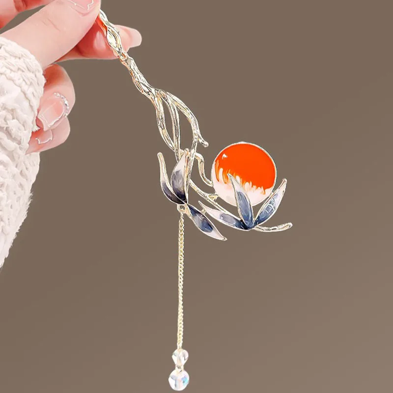 Sunset Crane Tassel Metal Hair Sticks Ancient Style Hairpin Chinese Hanfu Accessories Step Shake Pan Hair Chopsticks for Women
