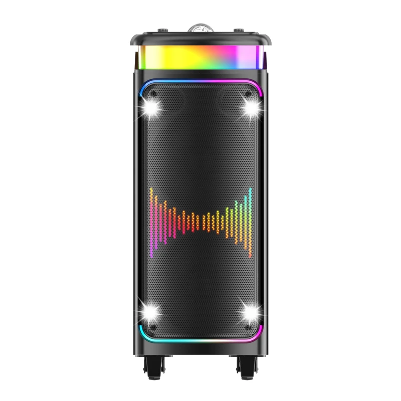 Outdoor indoor trolley battery speaker flash led party music player with double 8 inch woofer