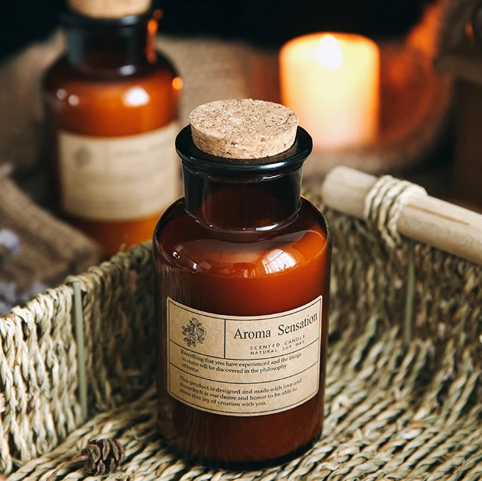 artificial home wedding decor oil vanilla lemon aromatic pharmacy amber bottle customize logo scented favor odor candle with box