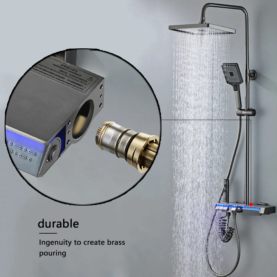 KAHNOS 2024 five function ambient light thermostatic digital display shower head set gun grey rain shower back spray shower set