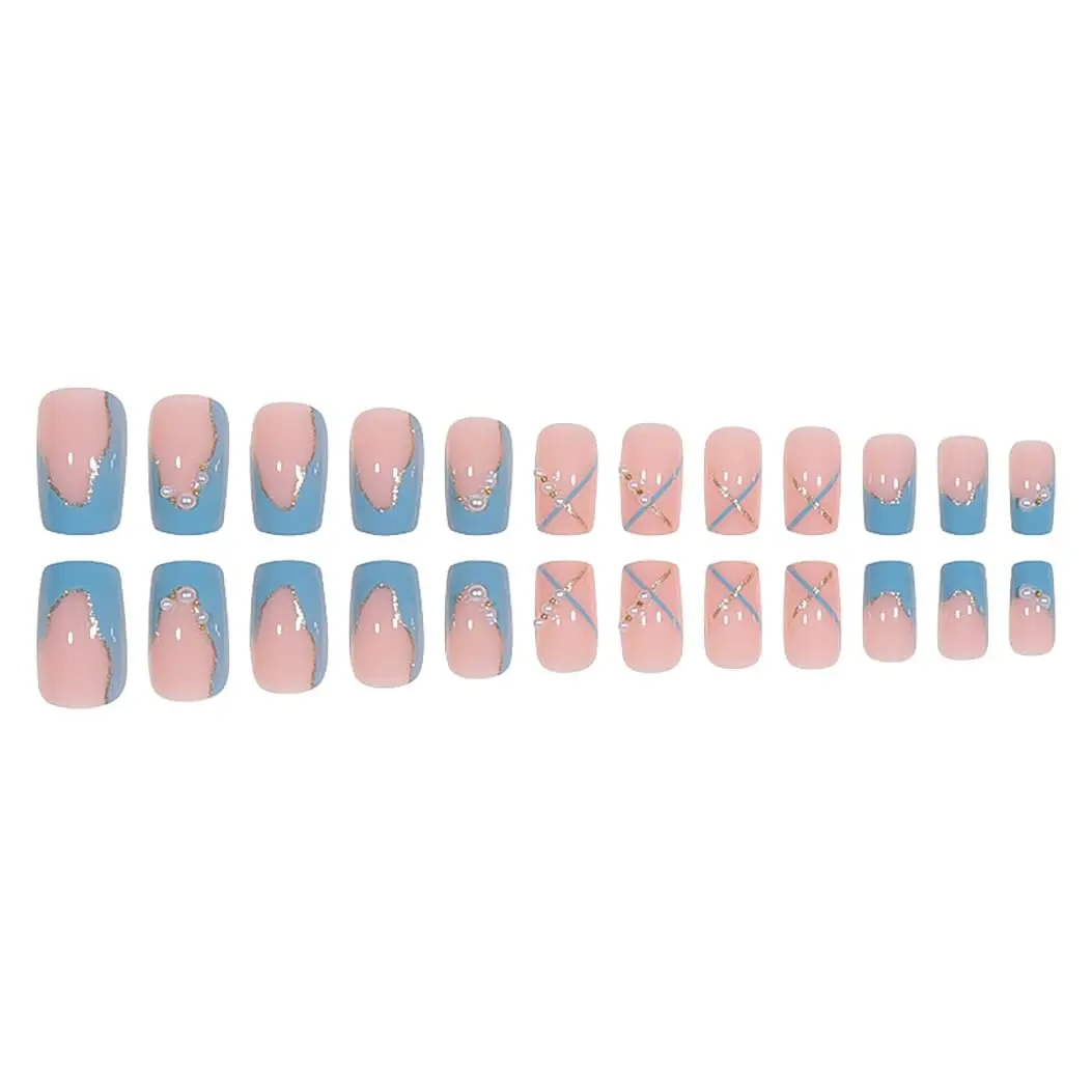 Medium Press on Square Nails French Tips with Pearls Blue Nails Glossy Full Cover Nails for Women