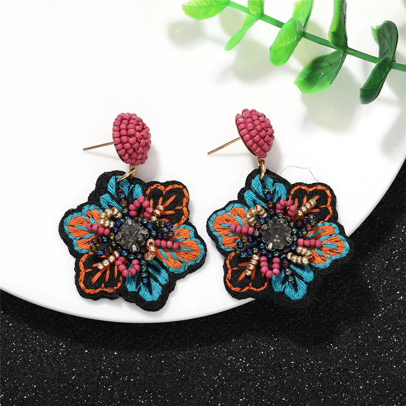 2022 New Design Embroidery Fabric Handmade Rice Bead Earrings Colorful Flower Leaf Handmade Drop Earrings