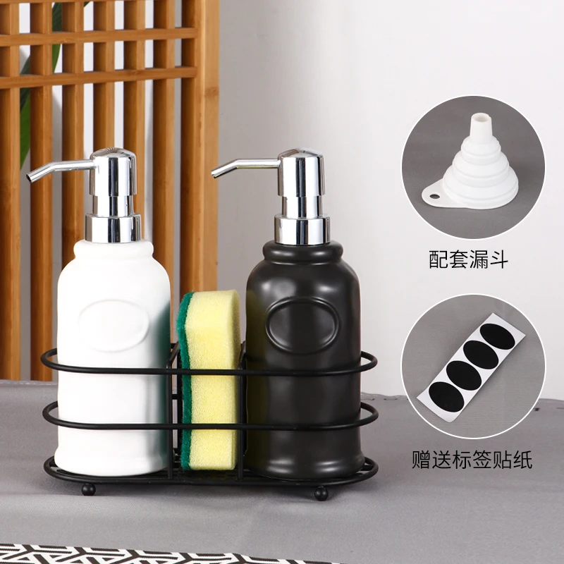 White  Containers Storage 2 In 1 Soap Holder ceramic Soap Dispenser With Sponge Holder and metal stand