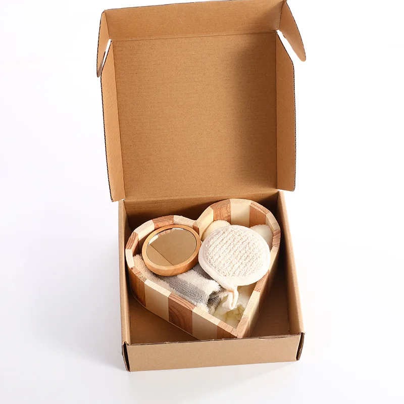 Natural Environmental friendly Wooden Bucket-packed Spa Set with wooden mirror bath glove face cleaning pad and bear towel