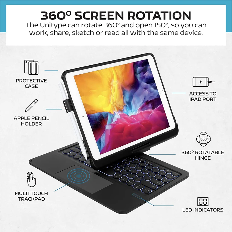 For Ipad iPad air2 /pro 9.7 / iPad 9.7 BT Rotatable Backlit Keyboard with Touchpad Wireless Detachable Keyboard Case