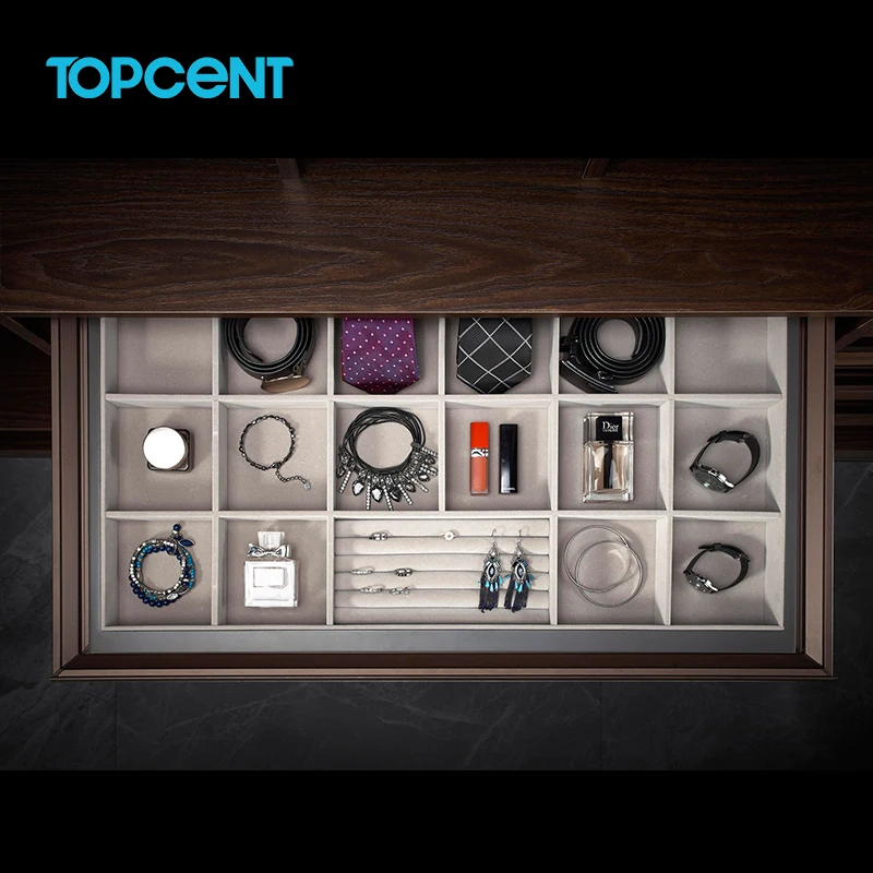Оптовая продажа органайзер для хранения TOPCENT футляр аксессуары шкафа из серого бархата с мягким закрытием