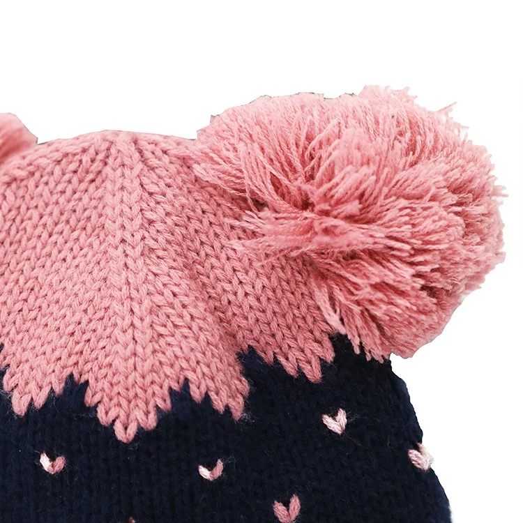 Baby Beanie for Girls Boys Jacquard Knit Winter Hat Cozy Lining Skull Cap Double Pom Pom Hats Toques Unisex Wholesale