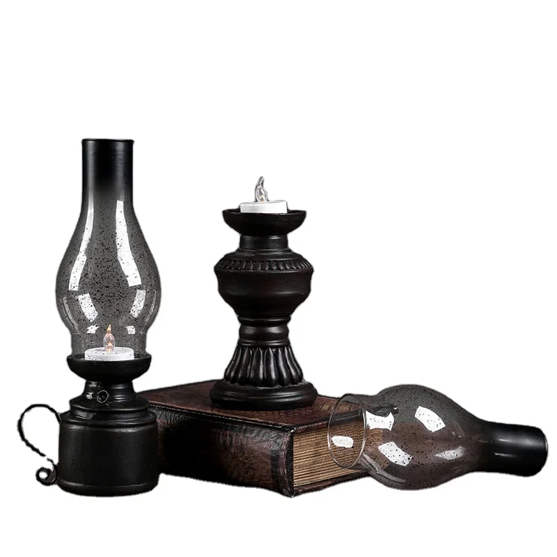
Time Slow Amazon Wholesale Creative Ornaments Art TS-22727 Desktop Retro Glass Cover Kerosene Lamp Resin Crafts Home Decoration 