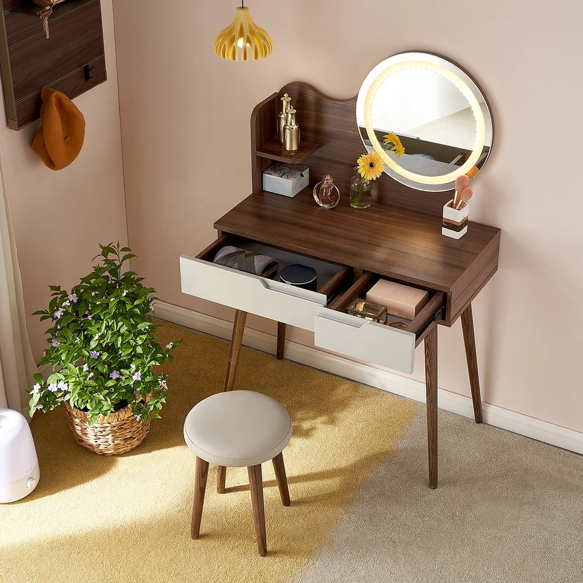 127103 Quanu modern style storage vanity dressing mirror set table with lights around mirror