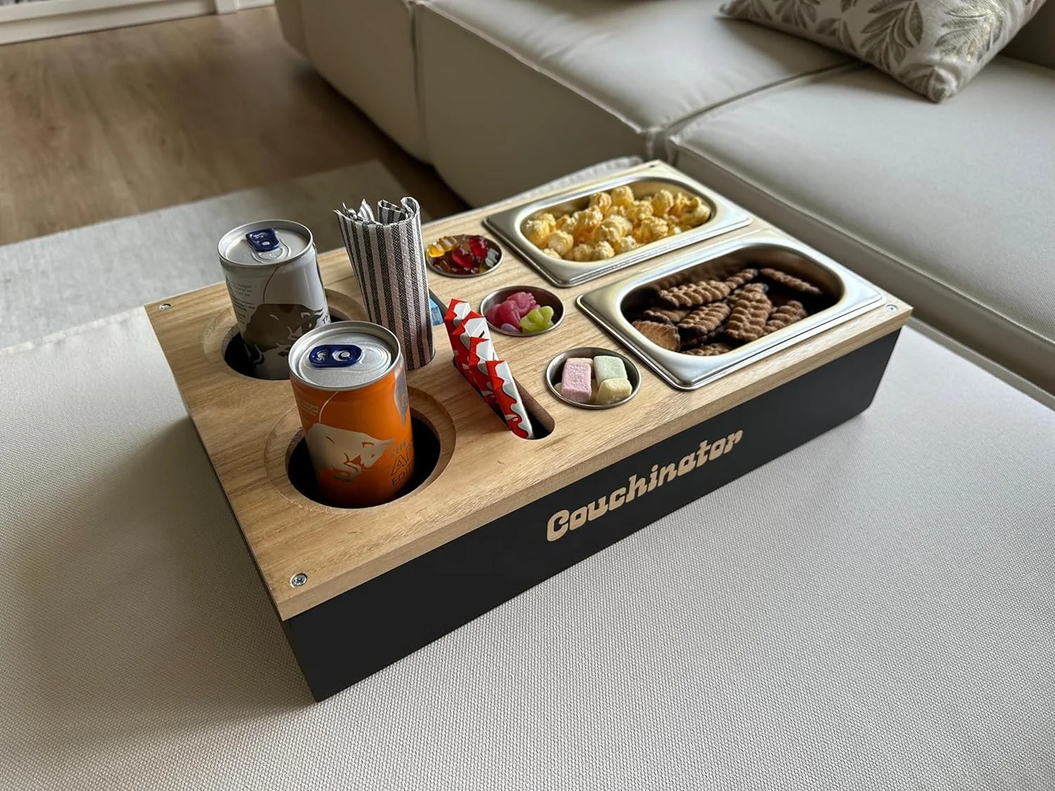 Couch Bar with 2 Snack Bowls, 3 Dip Bowls, 2 Coasters & Bottle Opener Organiser Bottle Holder Sofa Butler Serving Tray Sofa Tray