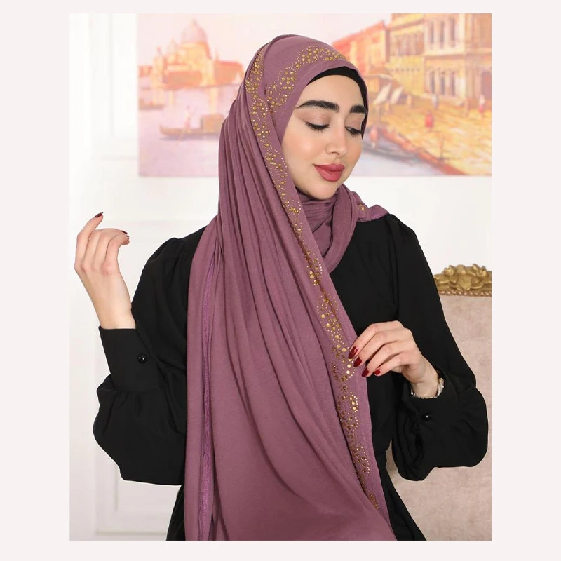 High Quality crystal Jersey Hijabs rhinestone cotton Scarf Solid Color Beaded Latest Muslim Fashion Hijabs
