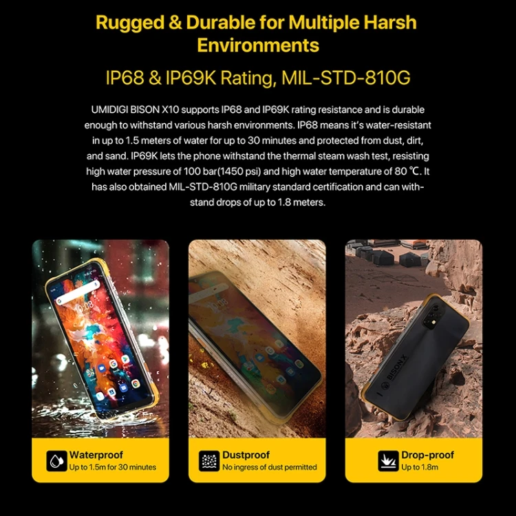 New Arrival Umidigi Bison X10 Rugged Phone 4+64GB Waterproof Mobile Phones 4G Android 11 Smartphones