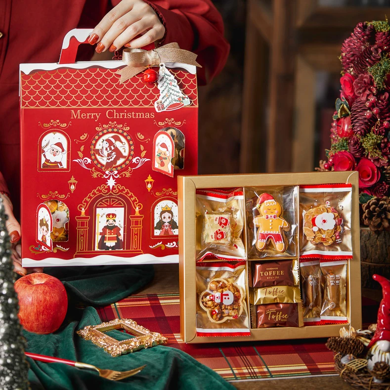 Xmas Christmas Cookie Gift Box Red Paper Foldable Luxury Candy Biscuit Gift Box With Window
