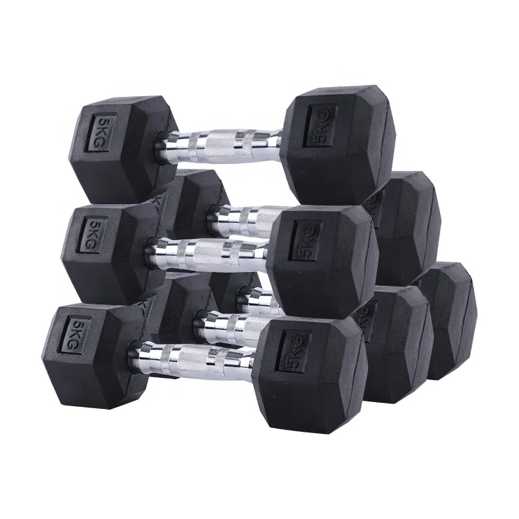 Wavar 10kg gym training equipment rubber coated 5 kg dumbbell steel in lbs hexagon hex dumbbells rubber sets