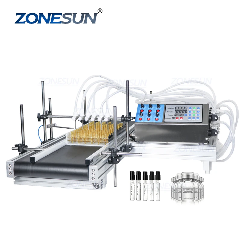 ZONESUN 6 Heads Automatic Oral Liquid  Essential Oil  Solvent Glass Vial Small Bottle Filling Machines With Conveyor For Perfume