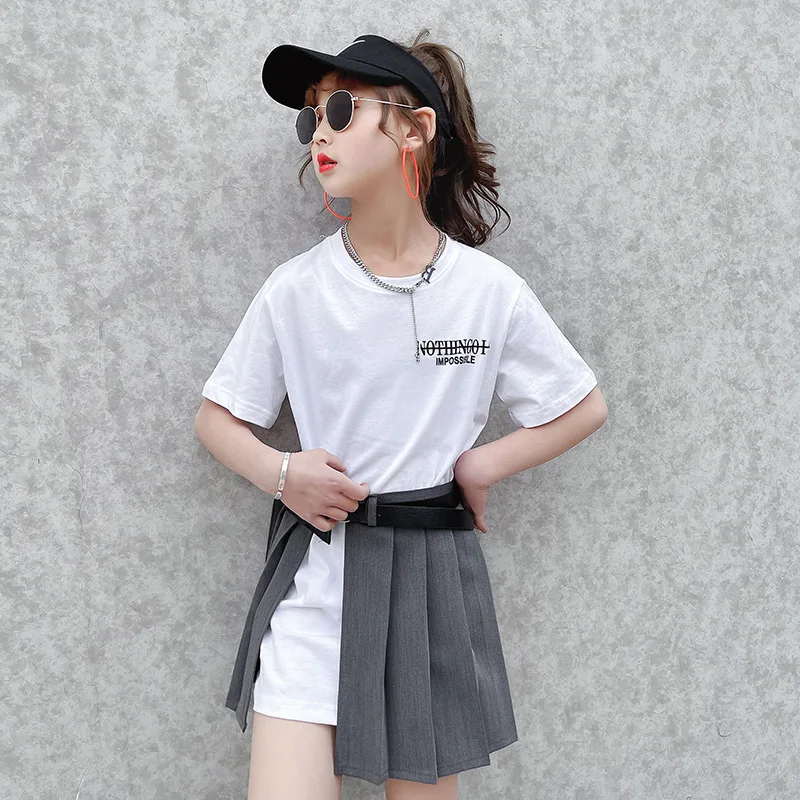 Top Leader New fashion teen Girls Clothing set letter printed short sleeve T-shirt+pleated skirt+waist bag set clothing for kids