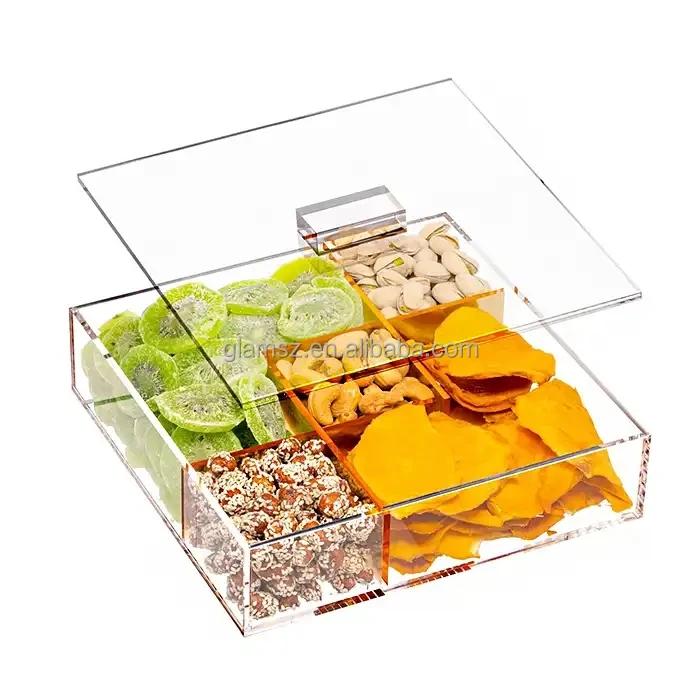 Lucite Serving Dish 4 Sectional Clear Acrylic Caddy Tray With lid Lucite Dip Bowl Set