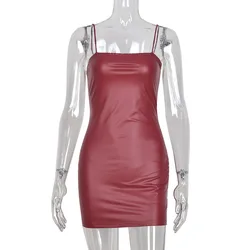 New Arrival Backless Sling Elegant Party Club Sexy Women Dresses Red Leather Dress Bodycon Mini Woman Summer Dress 2022