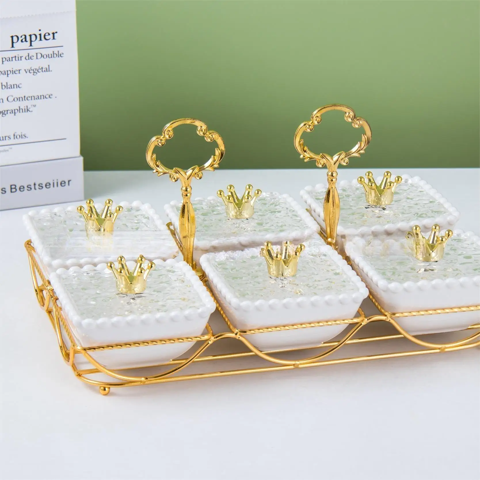 Luxury Design Nuts Food Storage With Ceramic Bowls Golden Metal Dry Fruit Tray