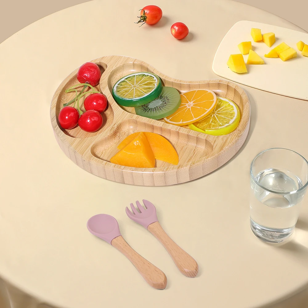 Cartoon Animal Custom Logo Eco-friendly Suction Wooden Plates Bamboo Salad Bowl Set Bamboo Plates For Kids Tableware