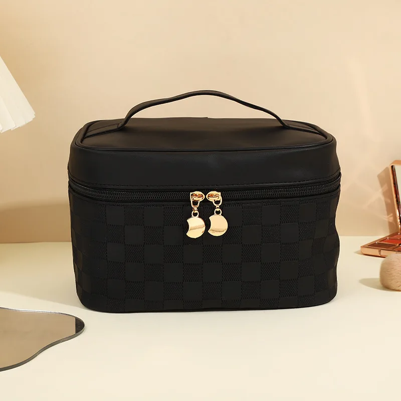 Beautiful Brown Makeup Bag Checked Pattern Wash Bags High Capacity Toiletry Bags for Trip