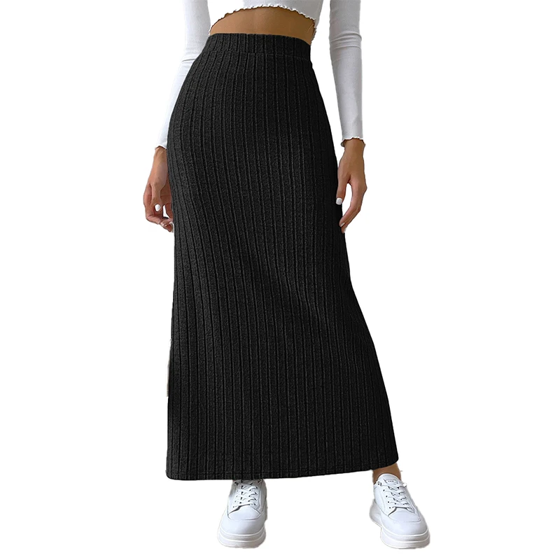 Custom OEM high quality Womens dress Autumn winter fashion casual simple  pit-striped A-line high-waisted split long skirt