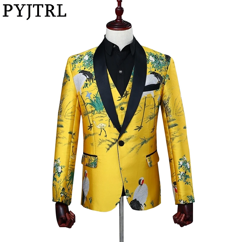 
Mens Fashion Shawl Lapel Jacquard Red-crowned Crane Blazer Gold Yellow Party Singers Costume Wedding Groom Suit Jacket 