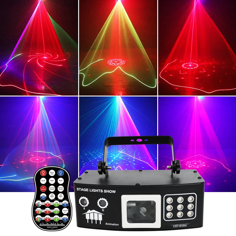 4-in-1 3D Animated Laser Projector 9-LED Par Lamps with UV Effects Remote Sound & DMX Control for DJ Disco Parties Bars & Clubs