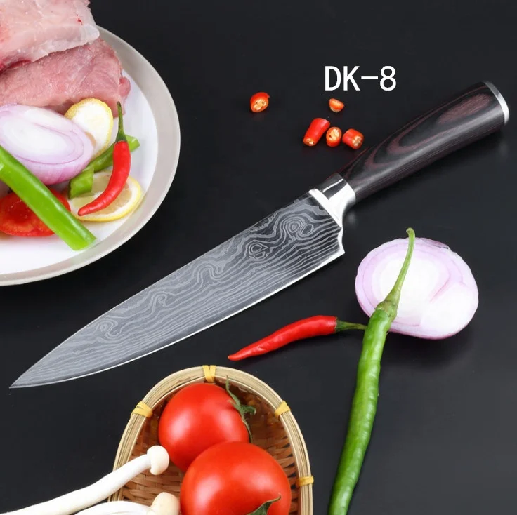 8  inch stainless steel chef kitchen knife with damascus wavy custom brand logo and color box