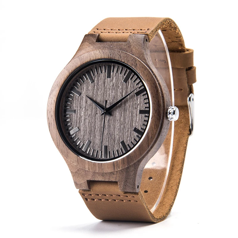 Mens Classical Popular Customized Engraved Logo Name Words Genuine Cow Leather Strap Miyota 2035 Quartz 45mm Wood Watches