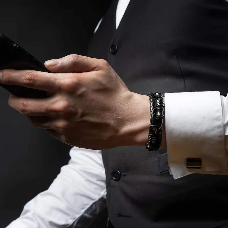 Fashion Double Braided Bracelets Accessories Black Gold Leather Bracelet Stainless Steel For Men