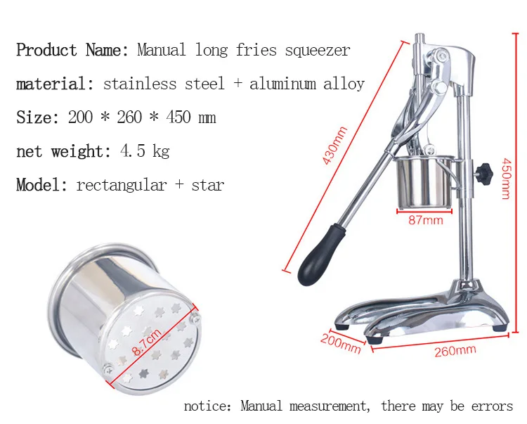 Commercial Popular manual Super Long mashed Potato Fried chips stick cutter French fry powder extruder 30 cm