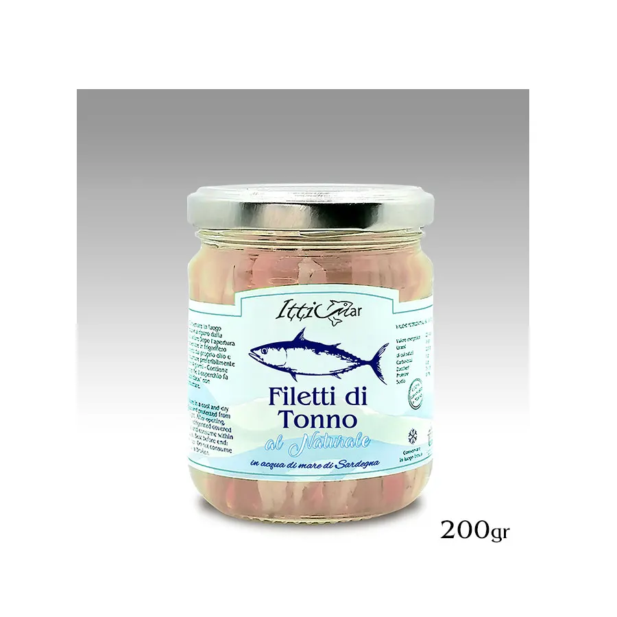 Best Sales 100% Tuna Fillets Sardinian Sea Water Handmade Processing in Glass Jar Canned Fish Preserved in Oil 200 gr