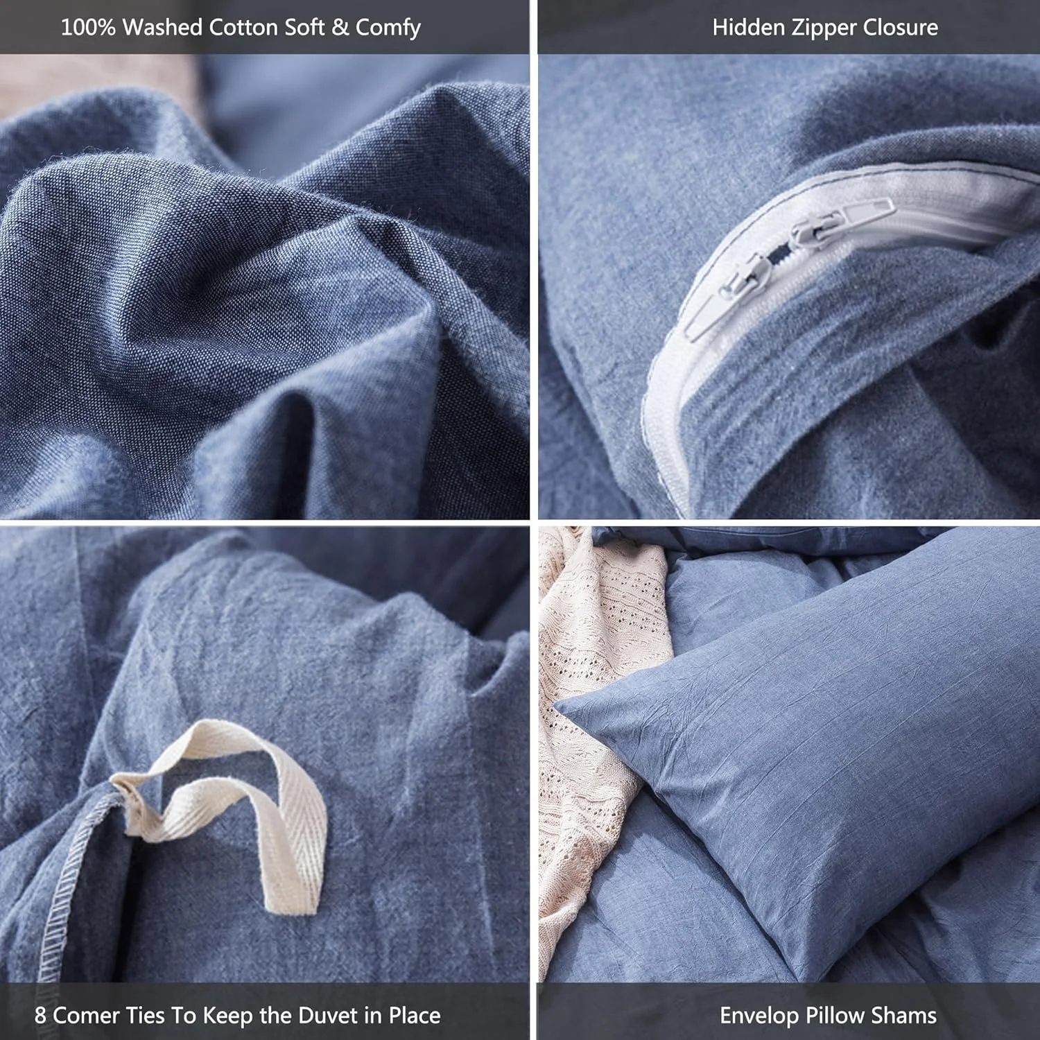 100% Washed Cotton Linen Like Textured Breathable Durable Soft Comfortable Bedding Duvet Cover Set For All Season