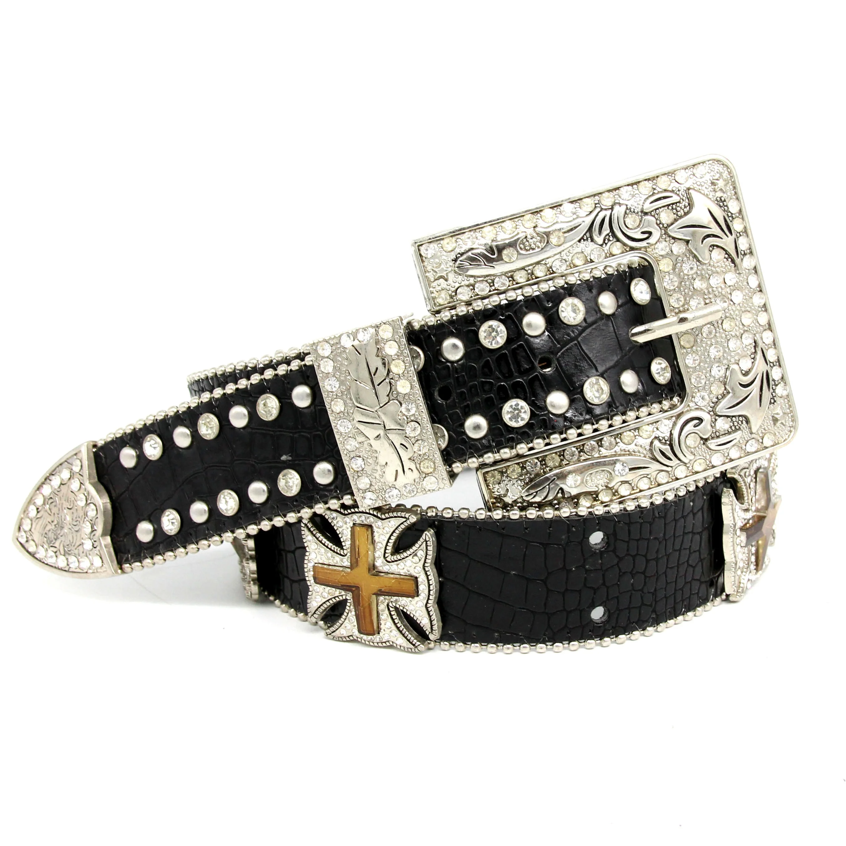 Fashion luxury famous brands cinturones woman diamond belt Black PU Leather Gold Stud Shiny Rhinestone Belt