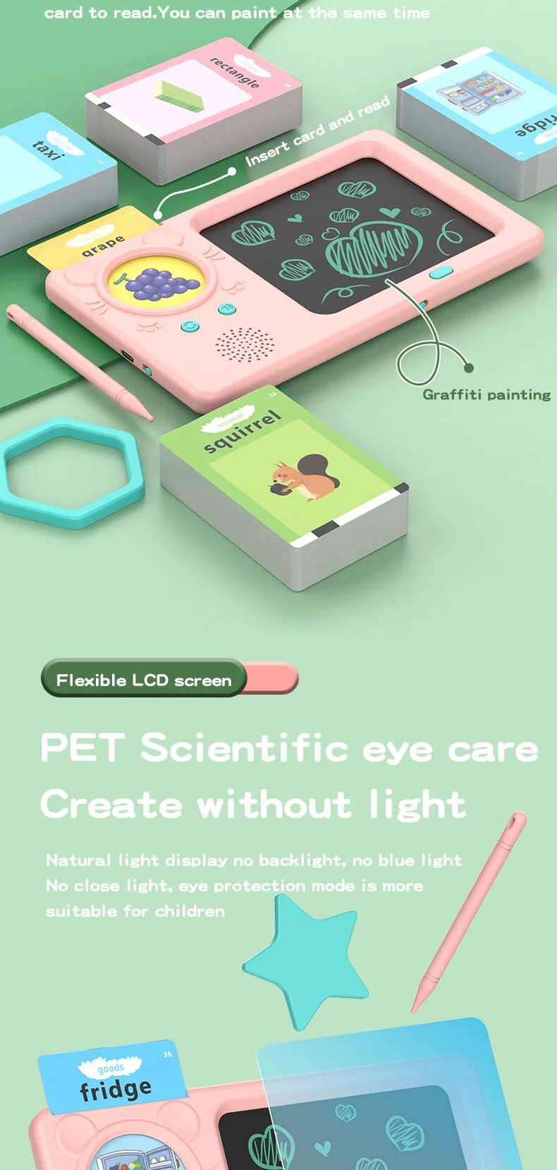 224 Sight Word Education Learning Machine Toy Montessori Drawing Board LCD Writing Tablet Baby Talking Flash Card with 112 Card